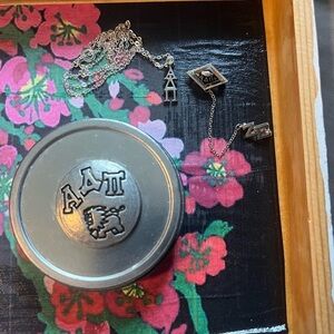 Alpha delta pi sorority pin, lavaliere and tin